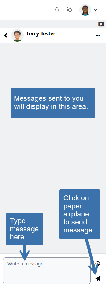 Screenshot of Message Drawer showing name at top and message field at bottom.