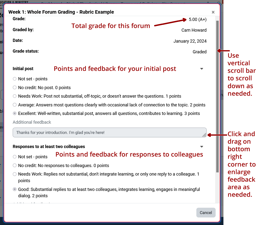 Screenshot illustrating use of a rubric for grading forum posts.