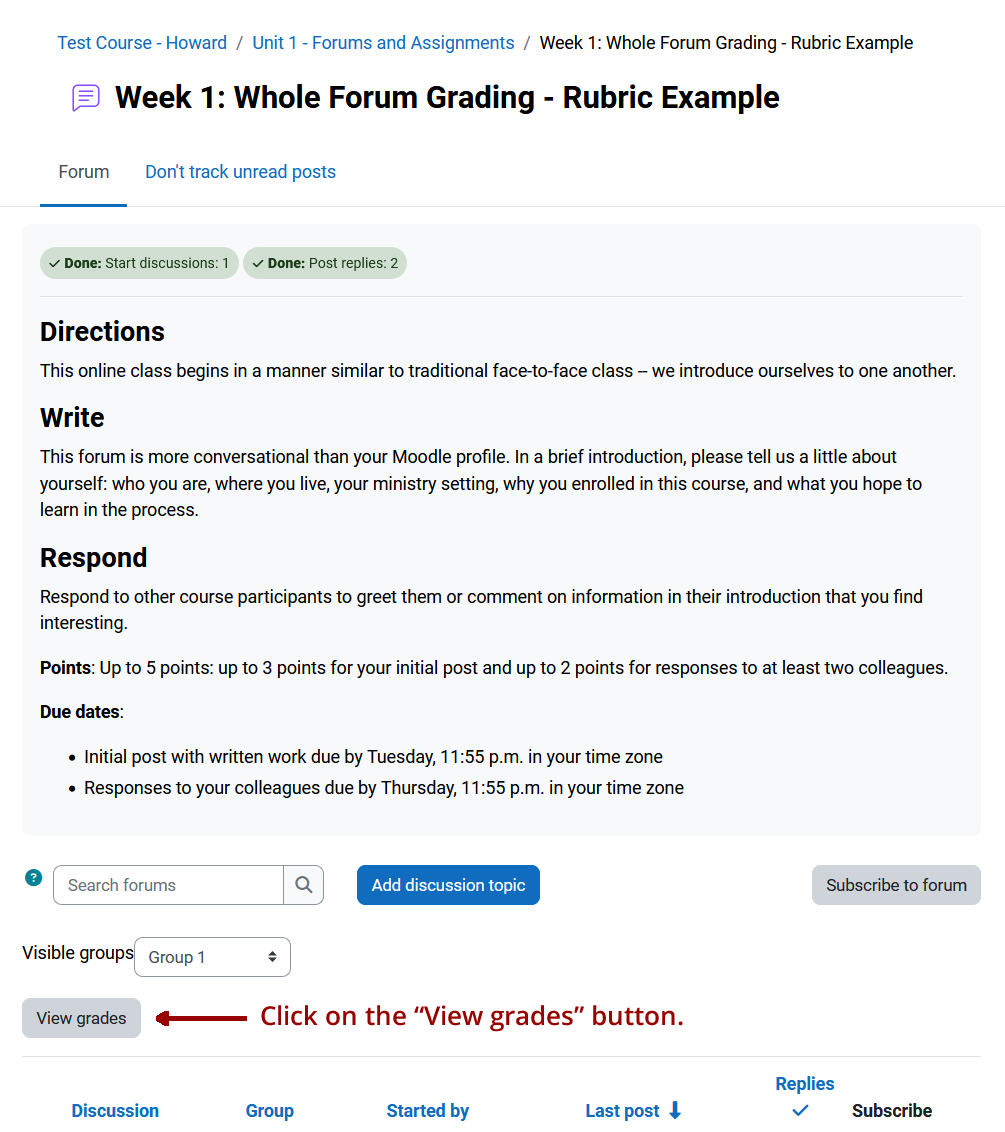 Screenshot showing "View grades" button below the forum directions.